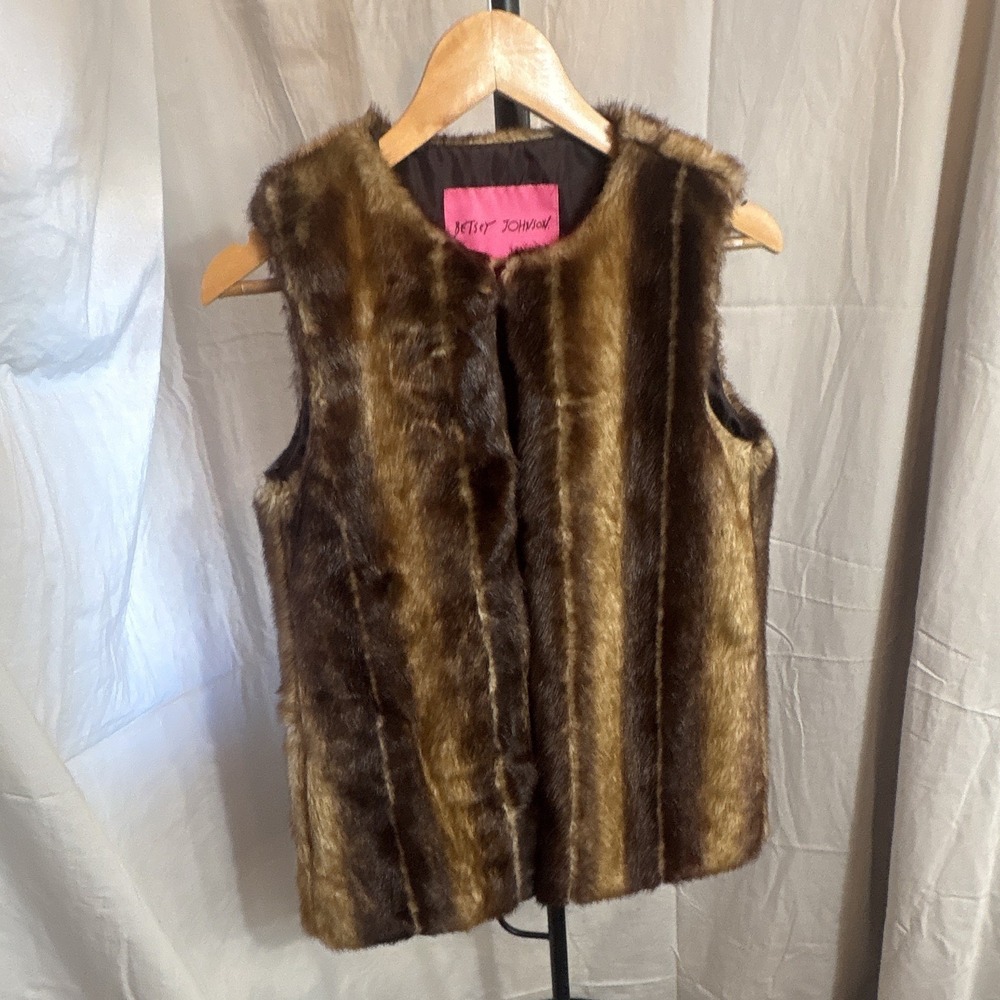 Betsey Johnson Vintage Faux Fur Vest Womens M Brown Tan Striped Y2K Pink Label